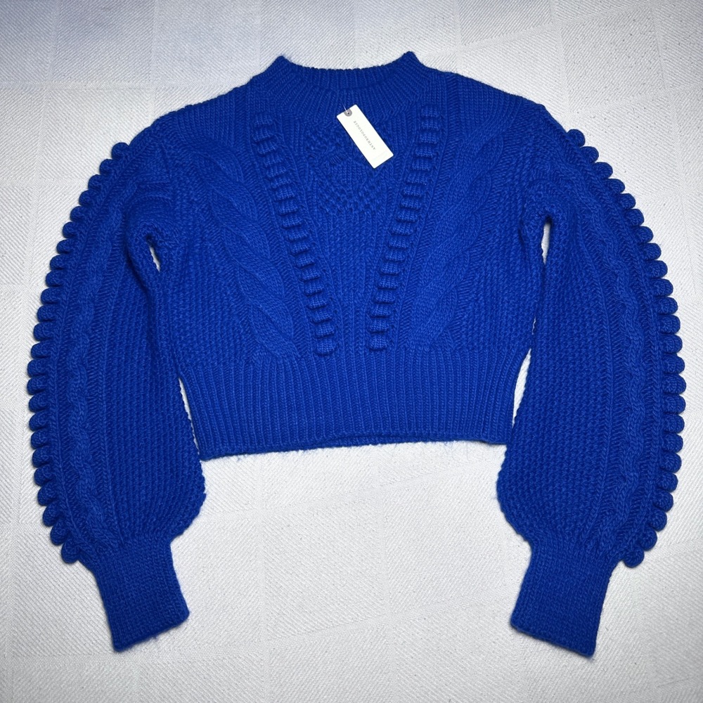 NEW Anthropologie Chunky Cable Knit Sweater Womens XS Bobble Balloon Sleeve Blue